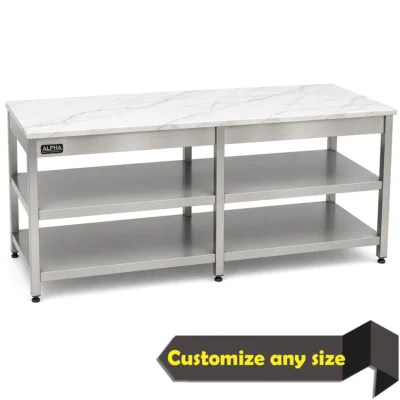 SS Work Table Marble Top size 200x70x85 cm with 2 below steel shelves
