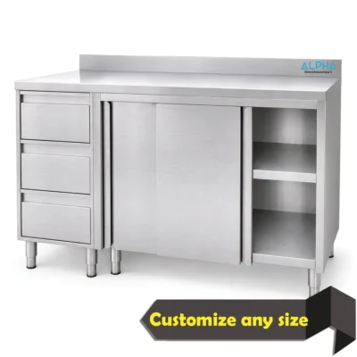 stainless steel base cabinet with drawers, AISI 304 stainless steel base cabinet with three drawers, enclosed storage and reinforced commercial worktop.