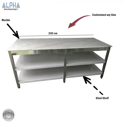 SS Work Table Marble Top size 200x70x85 cm with 2 below steel shelves