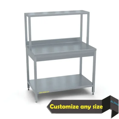 work table with splash and over shelf, stainless steel work table with over shelf, stainless steel work table with backsplash UAE, commercial kitchen work table with shelf, restaurant preparation table with splashback, hotel kitchen stainless steel prep table, stainless steel table with upper shelf, custom stainless steel work table Dubai, AISI 304 stainless steel work table, ALPHA stainless steel fabrication UAE