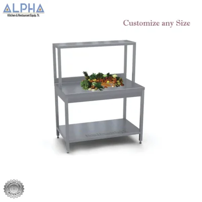 Work Table with Splash and Over Shelf | s steel work top table with back splash & undershelf | ss work table with b splash | ss kitchen work tables