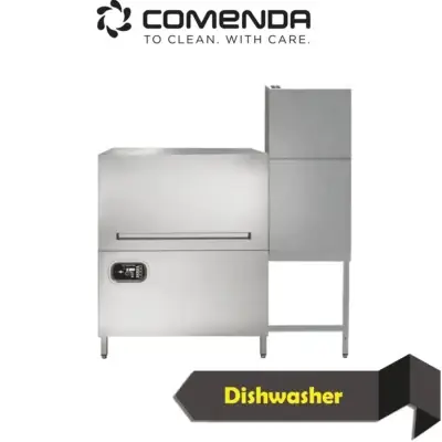Comenda AC2 commercial rack conveyor dishwasher with AS6 drying tunnel for high volume kitchens.