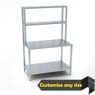 Ss Work Table with 2 Overhead Shelves fabrication in UAE, Best work table in UAE , Work table fabricator in Sharjah , Kitchen work table price , best work table