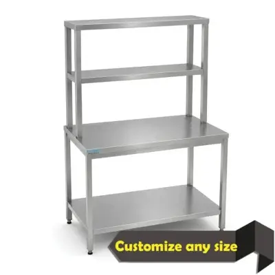 Stainless steel work table with two overhead shelves for commercial kitchen preparation and storage.