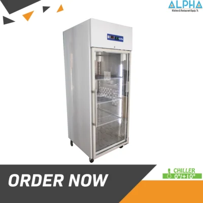 Commercial stainless steel 537L upright chiller with a glass display door and adjustable GN shelving.