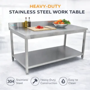 Heavy duty stainless steel work table with bottom shelf for commercial kitchens UAE, stainless steel table