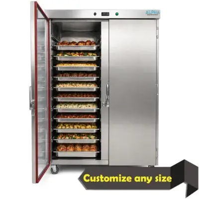 Double-door hot holding cabinet for GN pan food warming in banquet and catering kitchens.