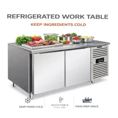 Two-door refrigerated counter with stainless steel worktop for chilled commercial kitchen preparation storage.