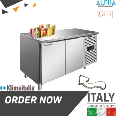 two-door freezer counter with stainless steel worktop for commercial kitchen frozen storage.
