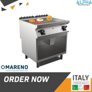 Gas griddle top with smooth, griddle top with open stand base – side angle