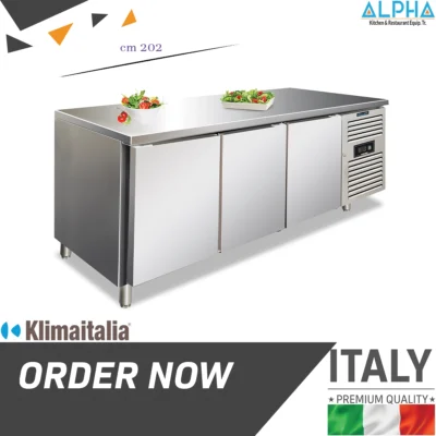 three-door pastry refrigerated table for bakery and dessert preparation.