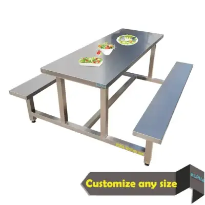 stainless steel dining table with fixed benches, labor dining table UAE, staff canteen stainless steel table, stainless steel mess hall table, fixed bench dining table, labor camp dining table, factory canteen dining table, stainless steel table with benches, 6 person dining table with fixed benches, ALPHA stainless steel fabrication UAE