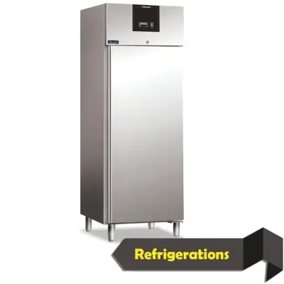 S/steel Single door upright chiller, single-door stainless steel upright chiller for commercial kitchen refrigerated storage.