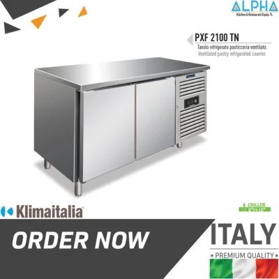 two-door pastry refrigerated table with stainless steel worktop for bakery preparation.
