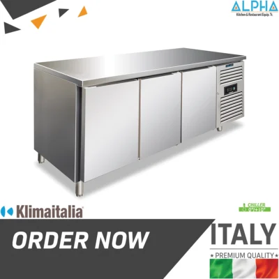 three-door refrigerated counter for chilled storage below a commercial kitchen worktop.