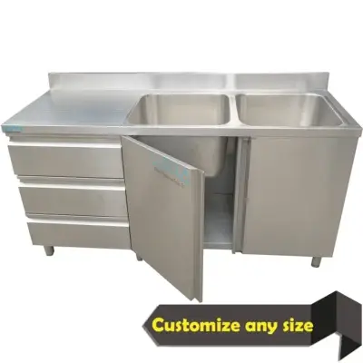 Stainless Steel Double Bowl Sink with Cabinet 180 cm – ALPHA Kitchen UAE commercial sink for restaurants.
