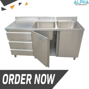 Stainless Steel Double Bowl Sink with Cabinet 180 cm – ALPHA Kitchen UAE commercial sink for restaurants.