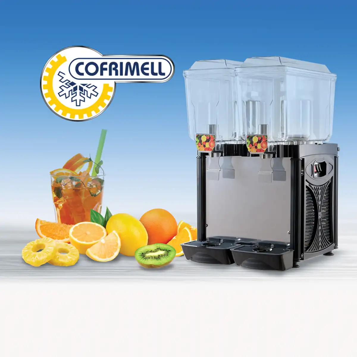 Cofrimell Jet Cof 240S double juice dispenser, 2-tank commercial beverage dispenser UAE, Italian cold drink machine with electromagnetic pump, professional juice equipment for restaurants, Cofrimell double bowl juice dispenser Dubai, commercial cold beverage dispenser 40 liter capacity, stainless steel juice machine for hotels, professional drink dispenser with polycarbonate tanks, Cofrimell beverage equipment Abu Dhabi, commercial juice dispenser made in Italy