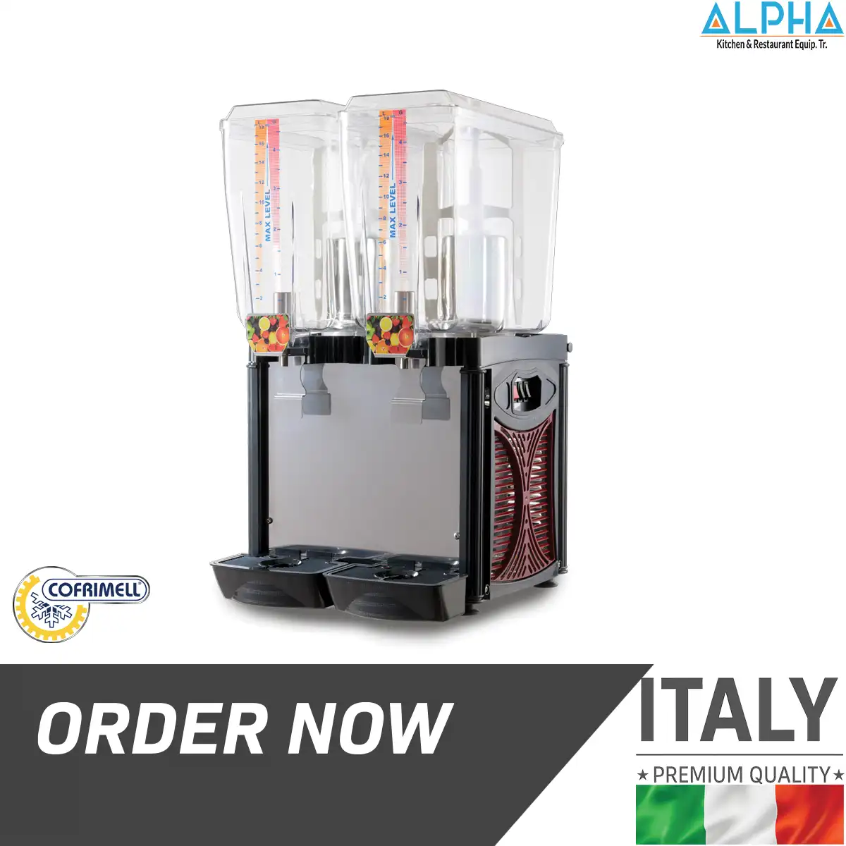 Cofrimell Jet Cof 240S double juice dispenser, 2-tank commercial beverage dispenser UAE, Italian cold drink machine with electromagnetic pump, professional juice equipment for restaurants, Cofrimell double bowl juice dispenser Dubai, commercial cold beverage dispenser 40 liter capacity, stainless steel juice machine for hotels, professional drink dispenser with polycarbonate tanks, Cofrimell beverage equipment Abu Dhabi, commercial juice dispenser made in Italy
