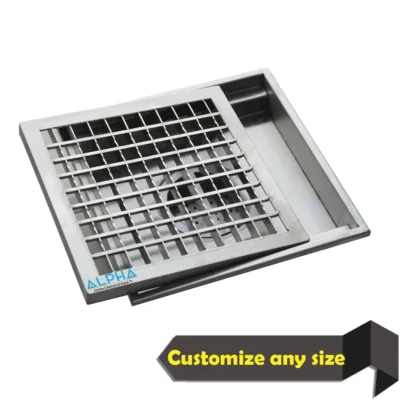 stainless steel drainage channel grating system, commercial kitchen floor drain UAE, stainless steel floor drainage channel, removable drain grating, kitchen drainage channel, dishwashing room floor drain, butcher shop drainage channel, food production floor drain, custom stainless steel drain UAE, ALPHA stainless steel fabrication UAE