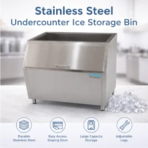 Ss Ice Storage Bin, stainless steel ice storage bin, undercounter ice bin, commercial ice bin with sloping door, AISI 304 stainless steel ice bin, ice storage bin for bar, large capacity ice bin, ice bin with drain valve, adjustable legs ice storage bin