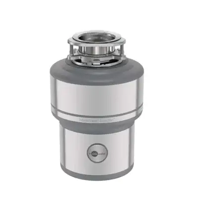 InSinkErator Evolution 200 food waste disposer front view ,Evolution 200 disposer installed under kitchen sink InSinkErator Evolution 200 specifications and dimensions , Evolution 200 disposer top mount and sink flange
