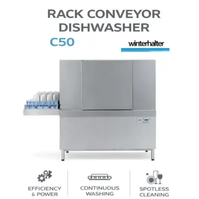 winterhalter c50 rack conveyor dishwasher, commercial rack conveyor dishwasher, high volume warewashing system, winterhalter conveyor dishwasher c50 line, dishwashing conveyor for hotels, rack conveyor dishwasher for canteens