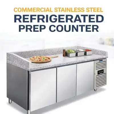 Three-door pizza refrigerated counter with granite top for commercial pizza preparation and chilled ingredient storage.