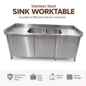 Stainless Steel Cabinet with 2 Sinks & Sliding Doors,