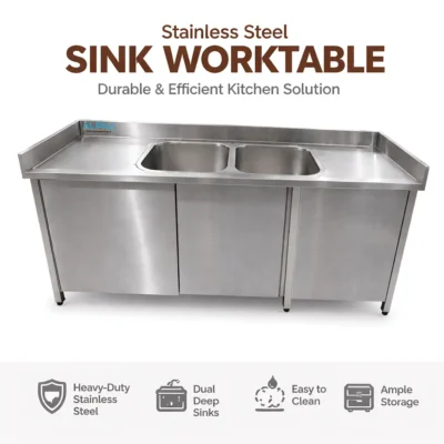 Stainless Steel Cabinet with 2 Sinks & Sliding Doors,