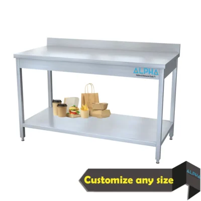 stainless steel work table with splash, stainless steel work table with backsplash UAE, commercial kitchen prep table with splashback, restaurant stainless steel preparation table, hotel kitchen work table with splash, stainless steel table for food preparation, wall side stainless steel work table, custom stainless steel work table Dubai, AISI 304 stainless steel work table, ALPHA stainless steel fabrication UAE