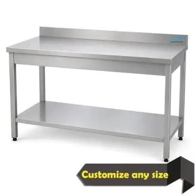 stainless steel work table with splash, stainless steel work table with backsplash UAE, commercial kitchen prep table with splashback, restaurant stainless steel preparation table, hotel kitchen work table with splash, stainless steel table for food preparation, wall side stainless steel work table, custom stainless steel work table Dubai, AISI 304 stainless steel work table, ALPHA stainless steel fabrication UAE