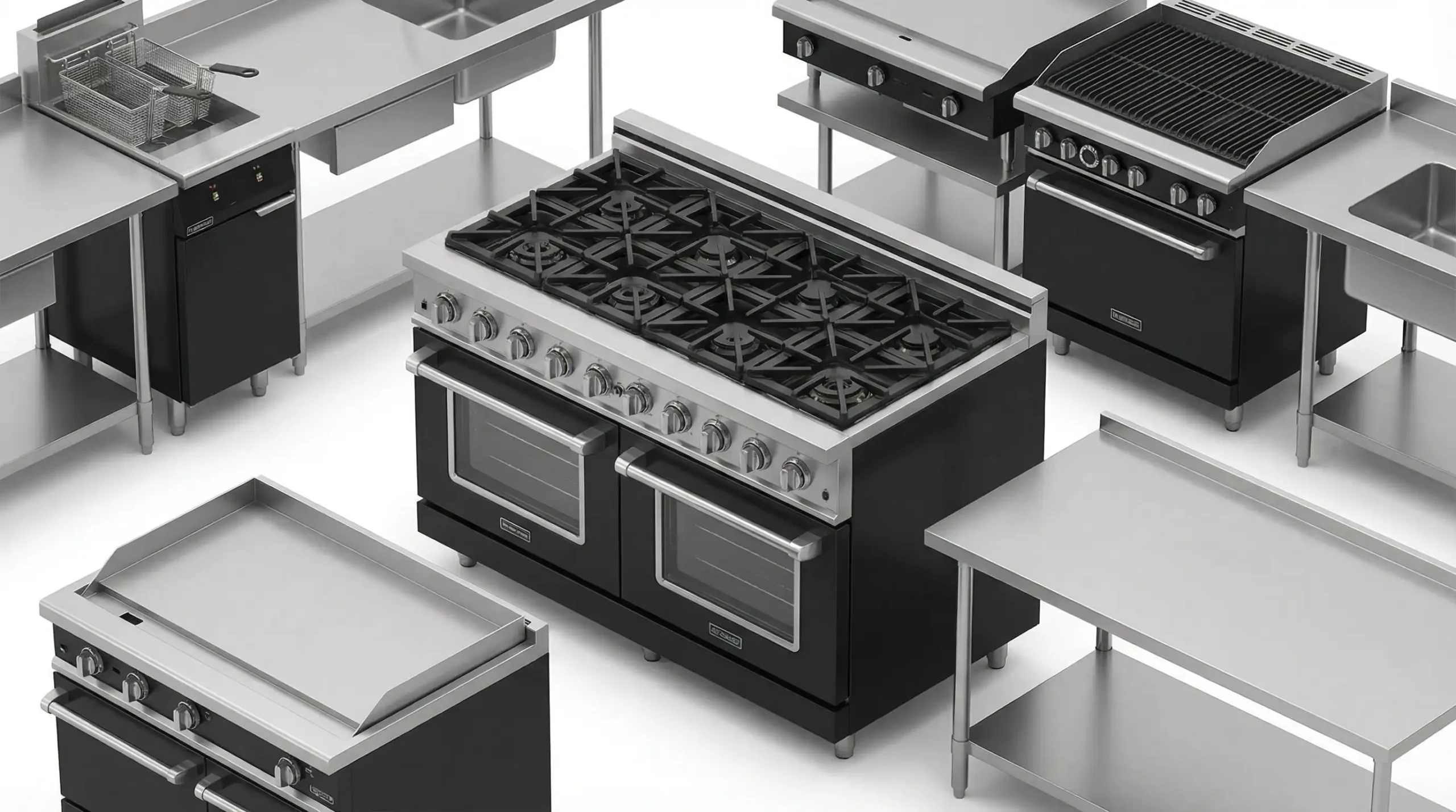 group of icon of cooking equipment, Ranges, fryers, griddles & commercial cooking gear