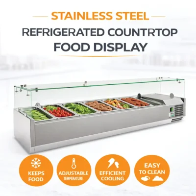 Commercial stainless steel topping chiller with glass guard for six GN pans on a pizza preparation counter.