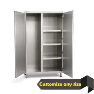 AISI 304 stainless steel cleaning products cabinet with shelves and tall storage for mops and brooms.