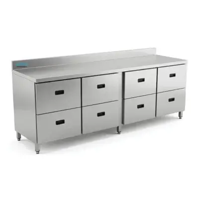 Stainless steel cabinet with eight drawers, rear backsplash and adjustable feet for commercial kitchen storage.