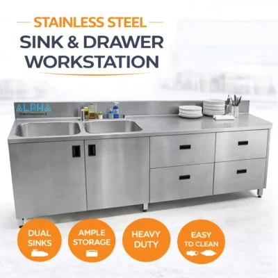 Commercial stainless steel double sink workstation with cabinet storage, four drawers and rear backsplash.