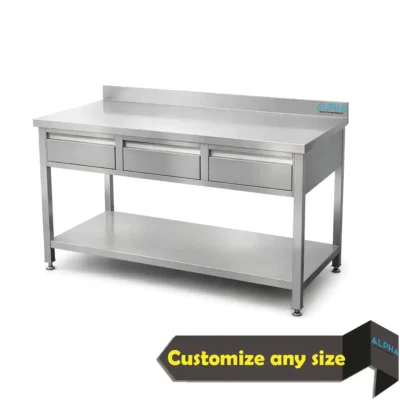 Stainless steel work table with three horizontal drawers and a lower shelf for commercial kitchen preparation.