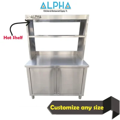 ALPHA AISI 304 stainless steel work cabinet with a 2-tier hot overshelf and hinged doors.