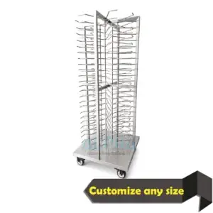 Commercial stainless steel vertical plate stacking trolley with solid base and heavy-duty caster wheels.