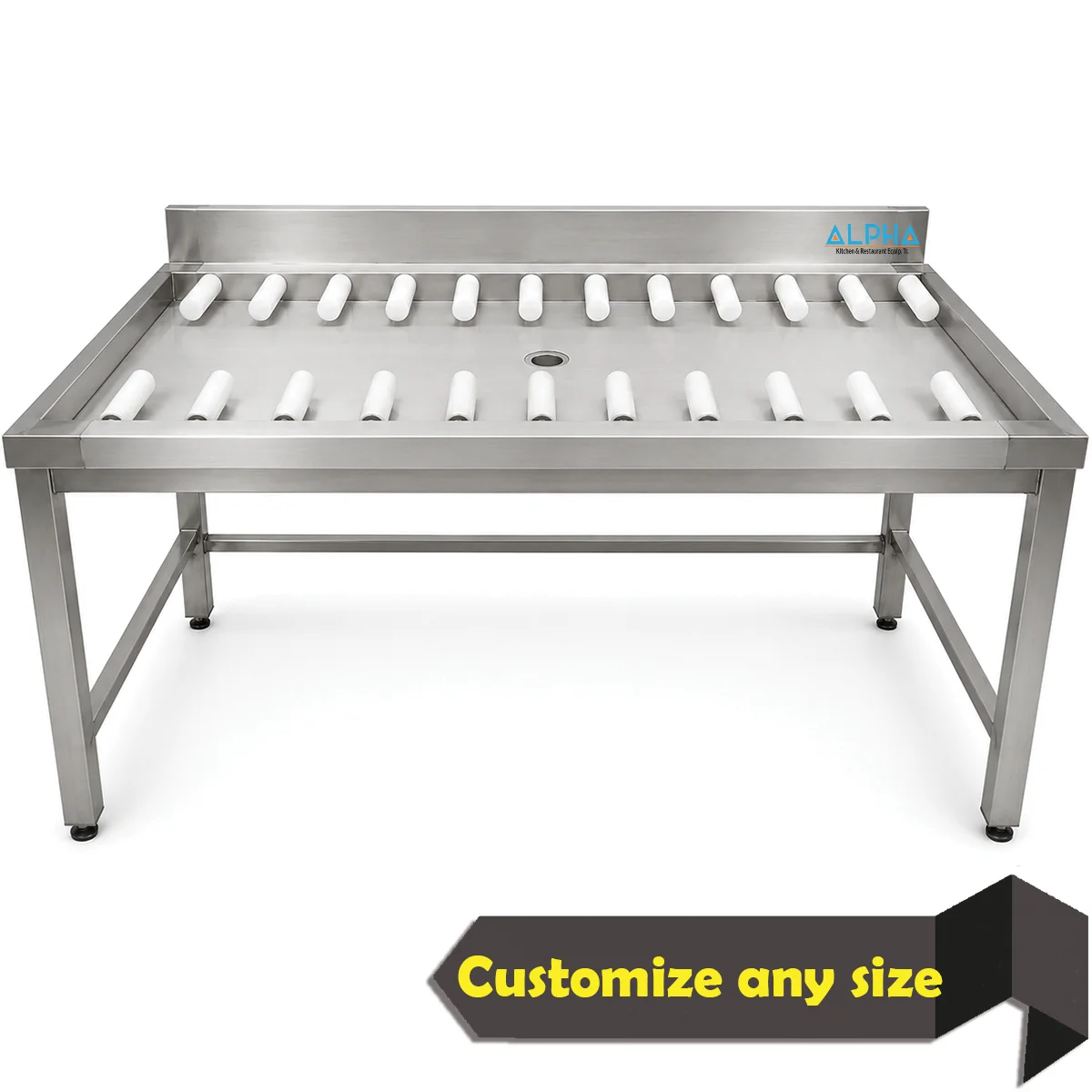Stainless steel roller conveyor exit table with plastic rollers for commercial dishwasher rack unloading.