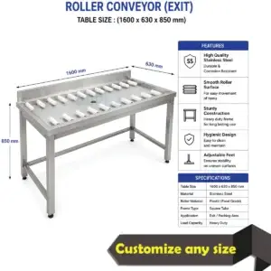 Stainless steel roller conveyor exit table with plastic rollers for commercial dishwasher rack unloading.