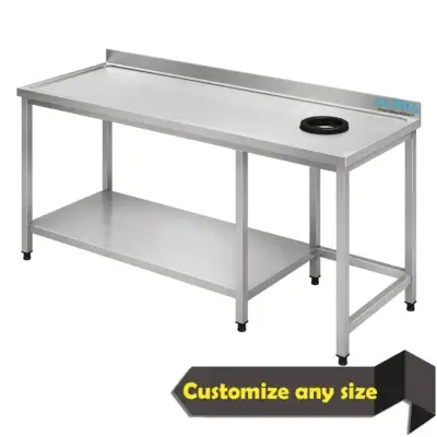 Stainless steel sorting table 180 cm with backsplash and rubber waste hole for commercial kitchen preparation.