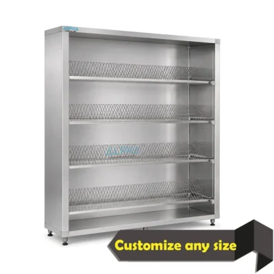 stainless steel plate rack cabinet, floor standing plate rack cabinet, AISI 304 stainless steel plate rack, 180 plate storage cabinet, commercial kitchen plate rack, four shelf plate rack cabinet, restaurant plate storage cabinet, hotel kitchen plate rack, stainless steel dish storage cabinet UAE, ALPHA stainless steel fabrication UAE