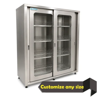 Stainless steel plates cabinet with sliding glass doors and rack shelves for commercial kitchen storage.