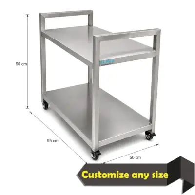 Stainless Steel Serving Trolley 2 Tier, Two-tier stainless steel serving trolley with square tube frame and swivel castors, sized 95 x 50 x 90 cm.