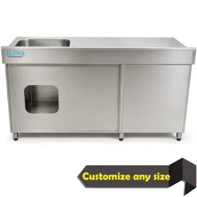 Stainless Steel Sink Cabinet with Drawers UAE , Stainless steel sink cabinet with three drawers and sliding doors for commercial kitchen washing.