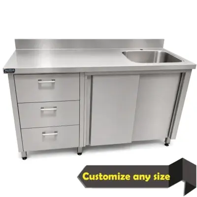 Stainless Steel Sink Cabinet with Drawers UAE | 150 x 70 x 85 cmو Stainless steel sink cabinet with three drawers and sliding doors for commercial kitchen washing.