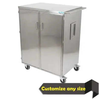 Closed AISI 304 stainless steel transport trolley with lockable double doors and adjustable shelves.