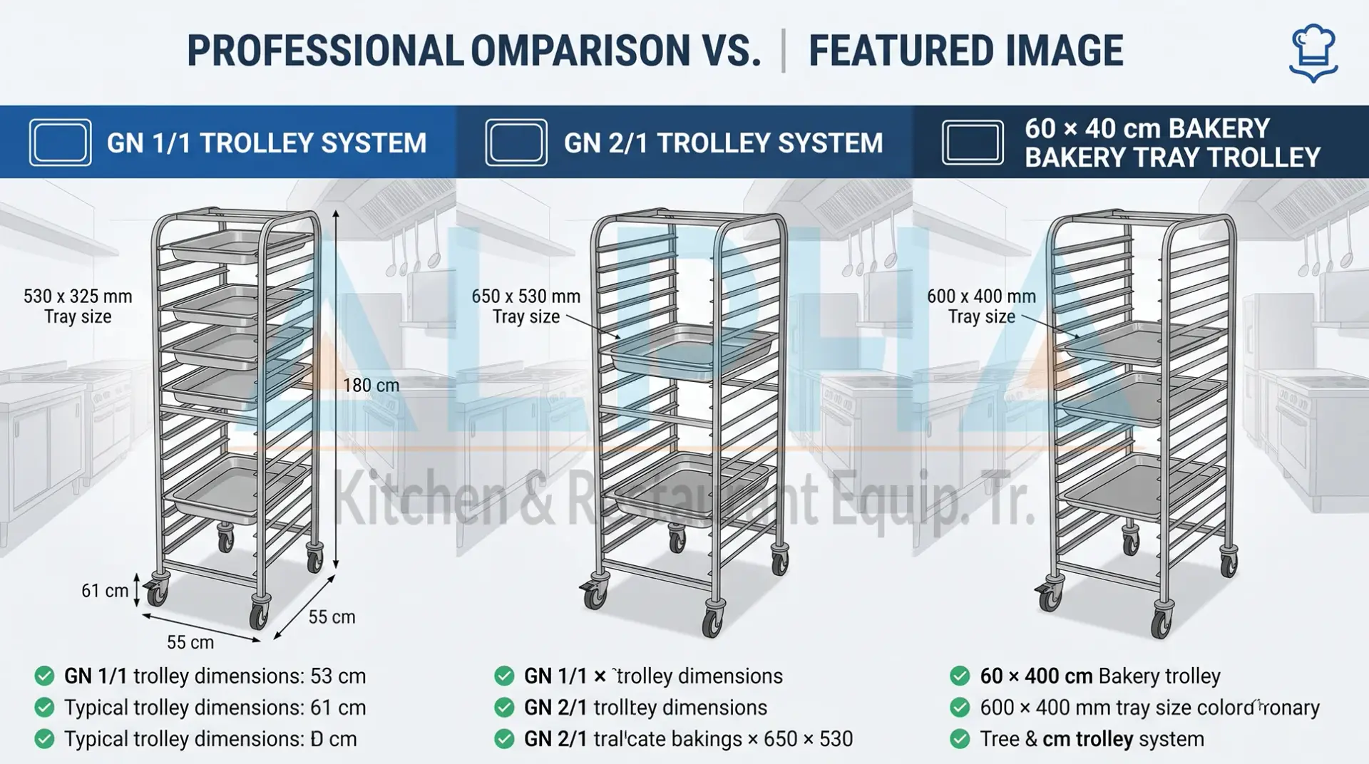 Trolleys Which One Should You Choose, GN 1/1 vs GN 2/1 vs 60×40 cm tray trolley comparison for commercial kitchens